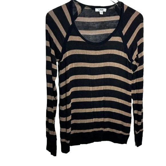 LNA Revolve Striped Long Sleeve scoop neck sweater knit top size Small Black tan - Picture 9 of 9